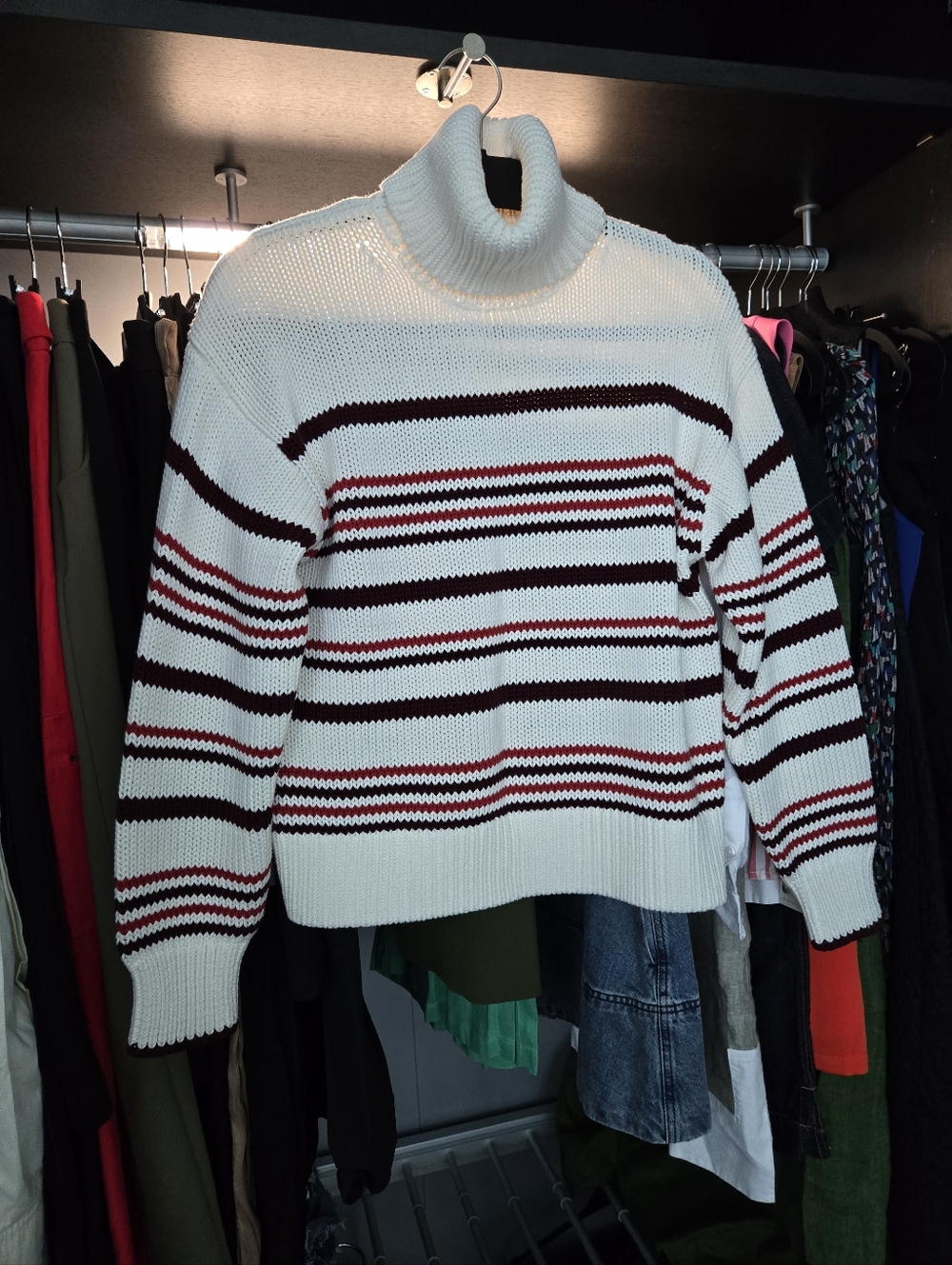 Madewell Cream Turtleneck Sweater with Burgundy and Black Stripes